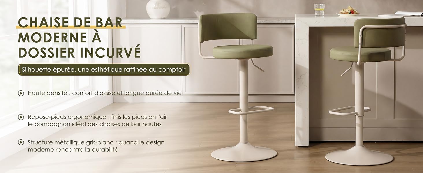 Le texte indique « CHAISE DE BAR MODERNE À DOSSIER INCURVÉ » et les détails du produit en français. Tabouret de bar moderne à dossier incurvé en revêtement blanc et vert sauge avec base en métal blanc, présenté sous plusieurs angles.
