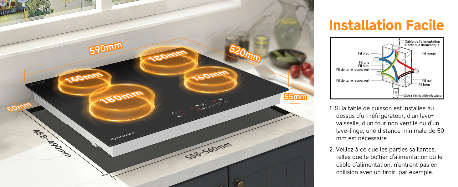 Le texte indique « Installation facile ». Cuisinière noire portable avec agrumes tranchés d'orange et ustensiles de cuisine affichés, accompagnés d'un schéma d'installation sur le côté droit.
