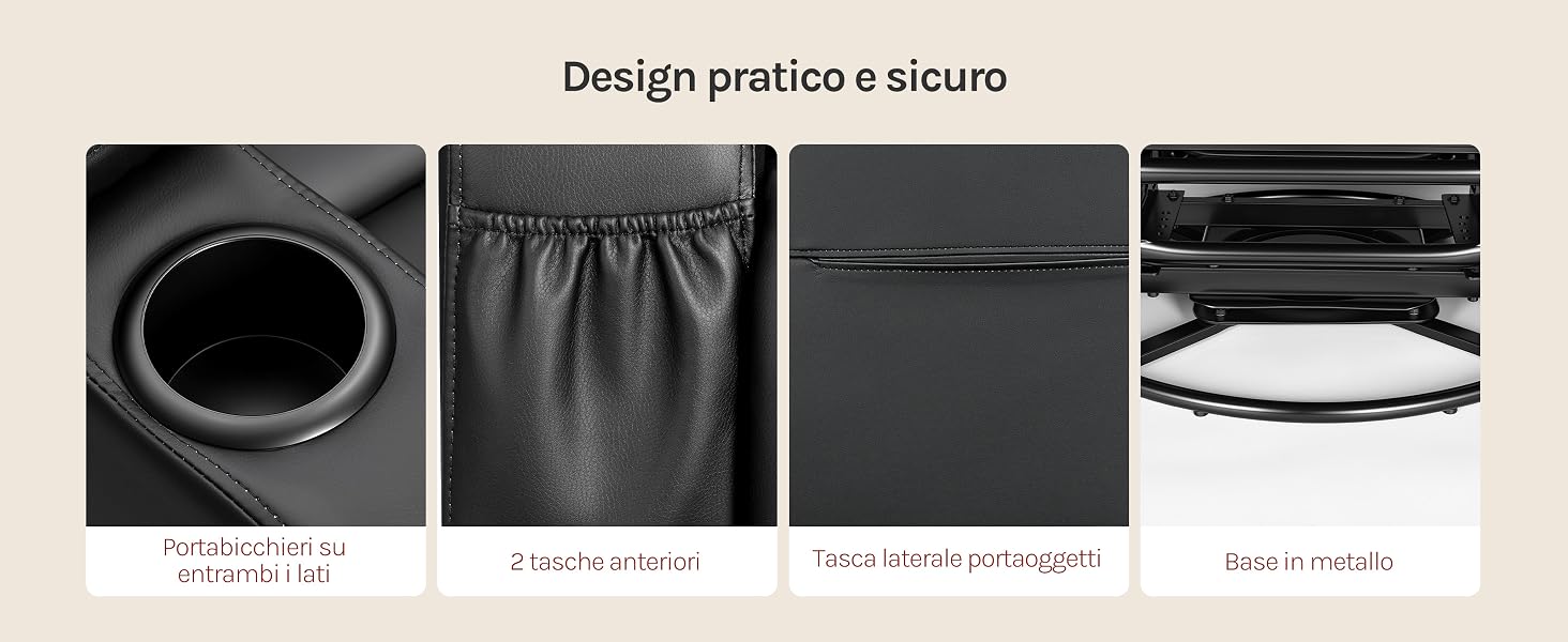 Il testo recita 'Design pratico e sicuro'. Quattro immagini del prodotto che mostrano: cestello della lavatrice, custodia in tessuto grigio, custodia nera con cerniera e articolo circolare bianco su sfondo in marmo.