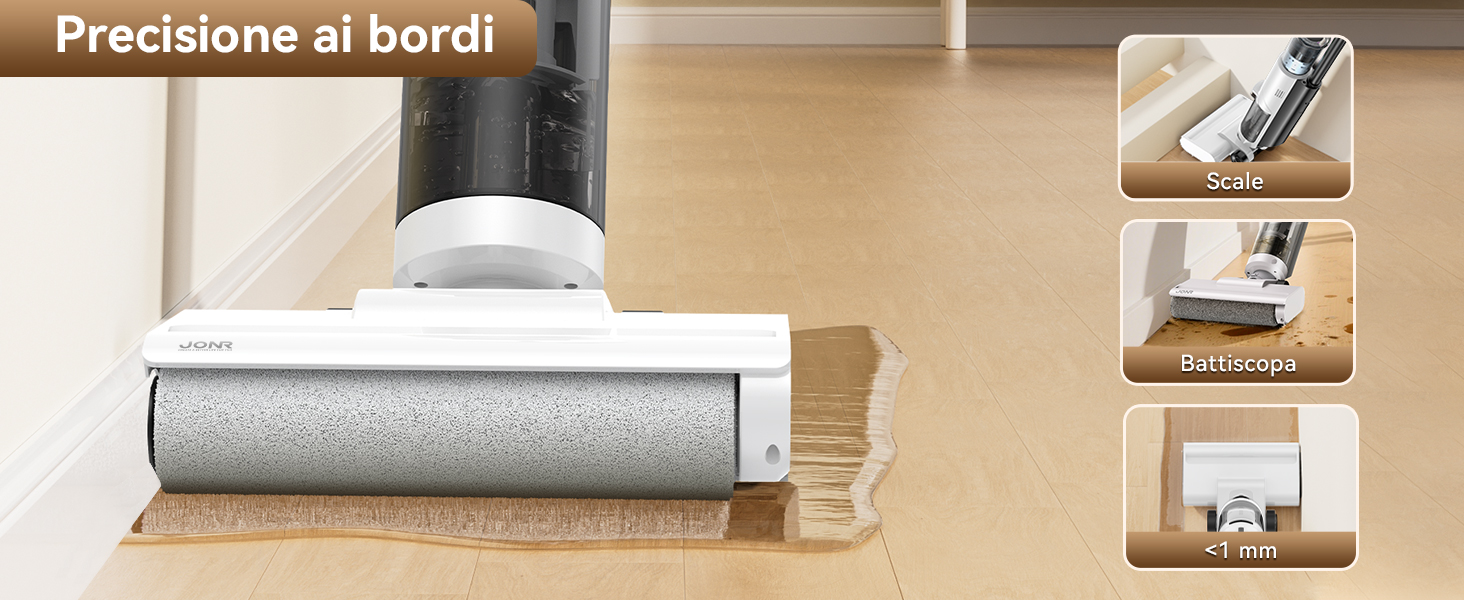 Dispositivo per la pulizia dei pavimenti con spazzola a rullo, che dimostra la precisione della pulizia dei bordi sul pavimento in legno. Tre immagini inserite mostrano primi piani delle capacità di pulizia del dispositivo