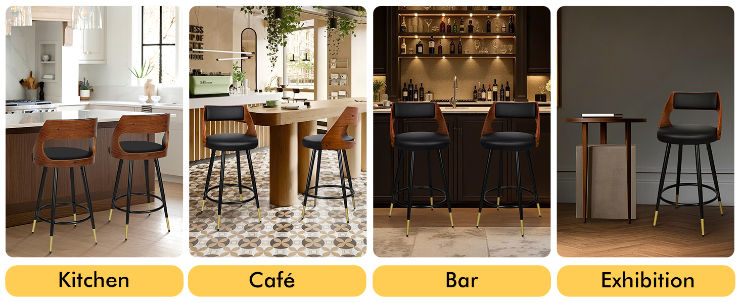 Text reads 'Kitchen', 'Cafe', 'Bar', 'Exhibition'. Interior design portfolio showing different commercial spaces with modern furniture and lighting arrangements.