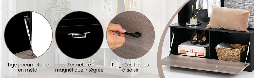 : mécanisme de levage pneumatique, fermeture magnétique intégrée et poignées faciles à saisir. Des images rapprochées montrent chaque composant