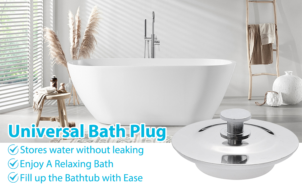 Modern bathtub drain plug in chrome finish, shown with freestanding white tub. Product promises water retention and easy filling capabilities.