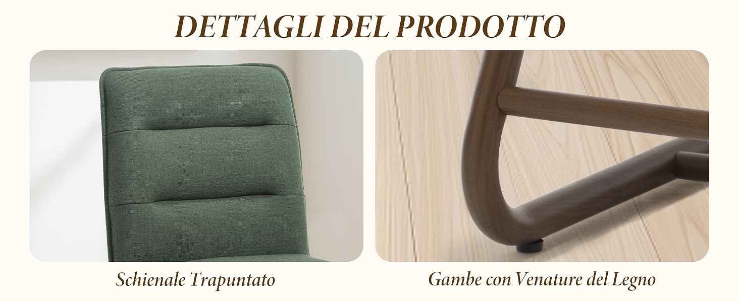 Il testo recita 'DETTAGLI DEL PRODOTTO'. Viste multiple di una poltrona o divano imbottito verde salvia su sfondo bianco.