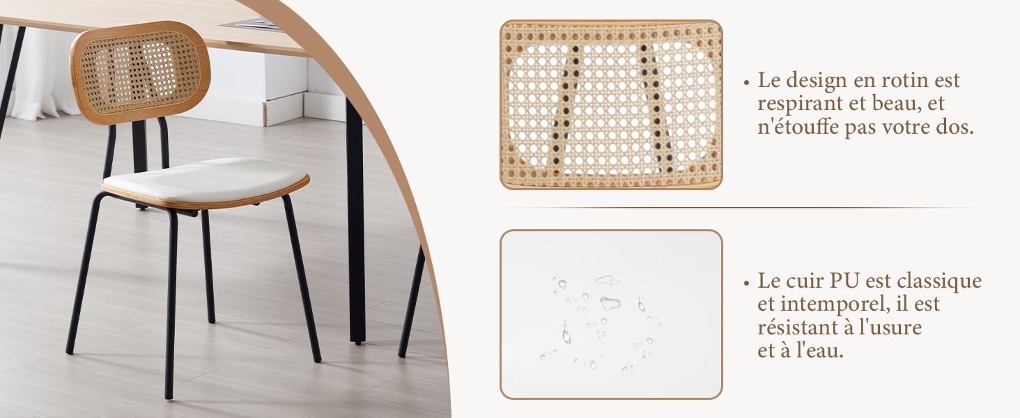 avec dossier et assise en rotin, coussin blanc et pieds en métal noir. Dispose d'un matériau PU durable et d'un design élégant en rotin tissé