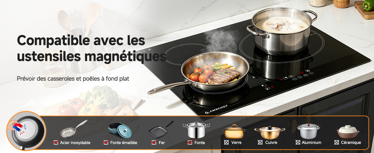 Le texte indique « Compatible avec les ustensiles magnétiques » et « Pour les plaques et poêles à induction sur ». Table de cuisson à induction montrant deux casseroles actives contenant des aliments, démontrant la compatibilité des ustensiles de cuisine magnétiques.