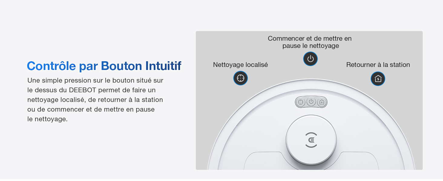 Le texte se lit comme suit : « Contrôle par Bouton intuitif » et le texte d'instructions en français ci-dessous. Schéma illustrant une interface de commande à boutons intuitive avec des fonctionnalités opérationnelles étiquetées et un mécanisme de commande circulaire pour les fonctionnalités de l'appareil.