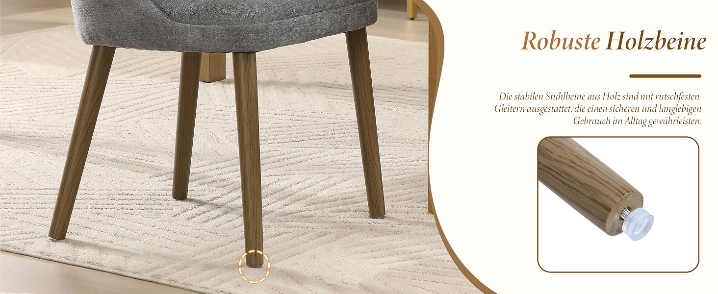 Der Text lautet „Robuste Holzbeine“ und „Leicht, tragbar und vielseitig einsetzbar“. Möbelbeine oder Stützen aus Holz, abgebildet in natürlicher Holzoberfläche mit Befestigungsmaterial aus Metall.