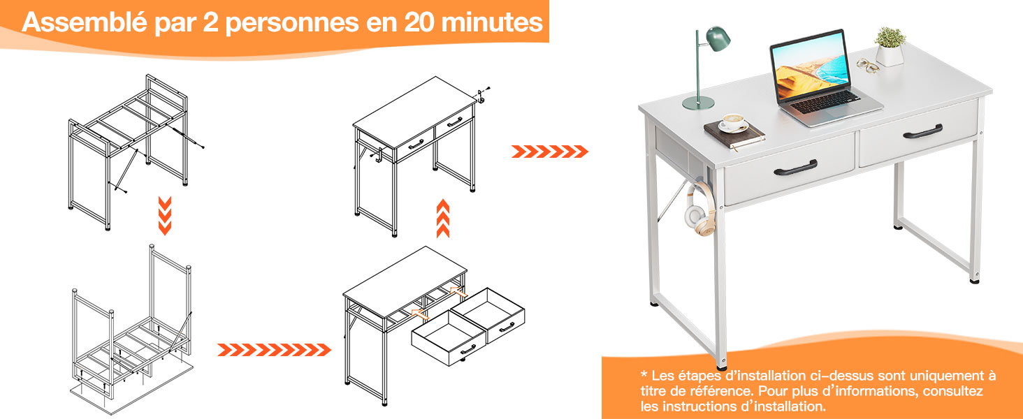 Le texte se lit comme suit : « Assembale pour 2 personnes en 20 minutes ». Schéma d'instructions de montage montrant les étapes à suivre pour construire un bureau, suivi de l'image du produit final d'un bureau d'ordinateur blanc avec étagère de rangement.