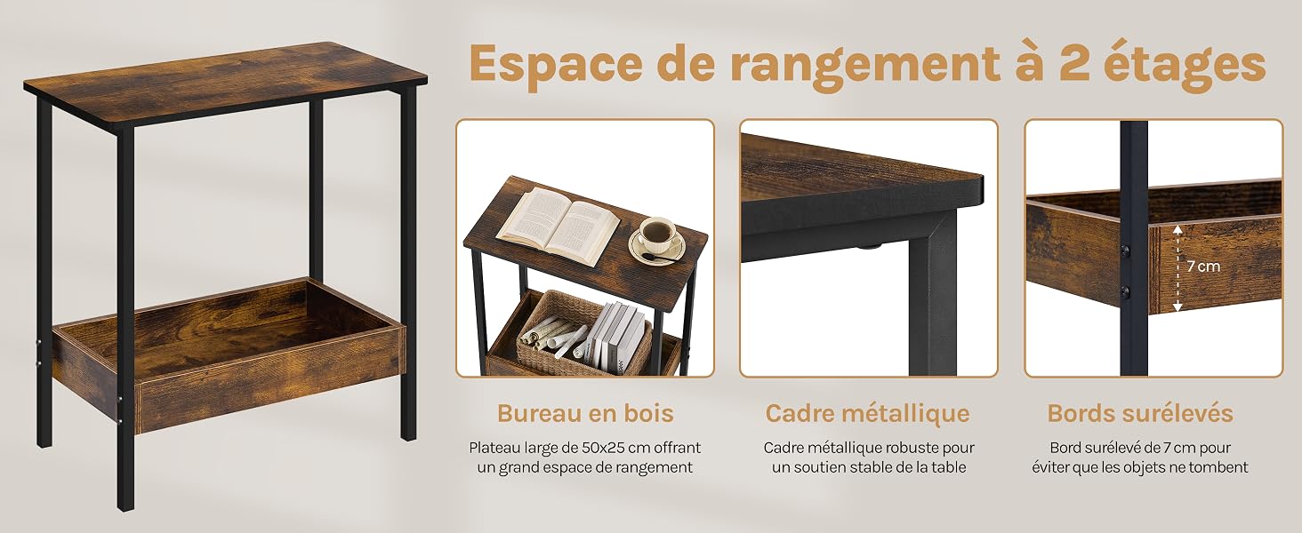 avec plateau en bois rustique, structure en métal et étagère inférieure en panier tressé. Les caractéristiques comprennent un espace de rangement et un design de style industriel.