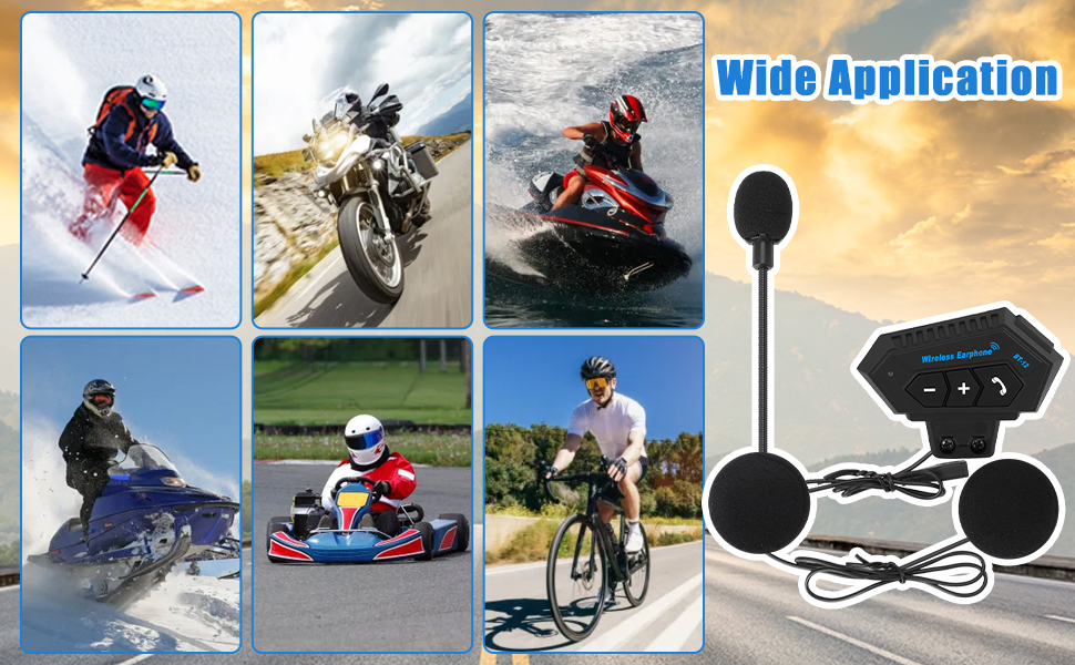 Image composite montrant l'utilisation des appareils de communication Bluetooth dans diverses activités sportives, notamment le ski, la moto, le jet ski, la motoneige, le karting et le cyclisme,