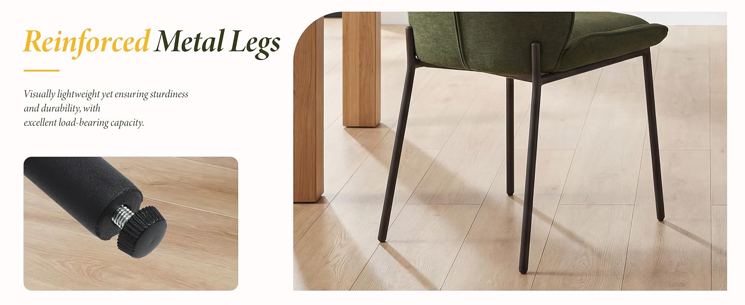 Text reads 'Reinforced Metal Legs'. Black metal chair leg detail and full chair view showing reinforced metal leg construction and detail closeup of leg joint.