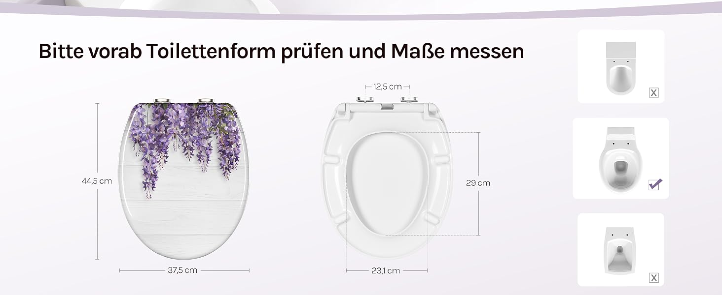 Der Text lautet „Blütenwald Tüllenohren-Girlanden und Maße messen“. Das Produktdiagramm zeigt eine weiße dekorative Blumengirlande mit den angegebenen Maßen und Hardwarekomponenten.