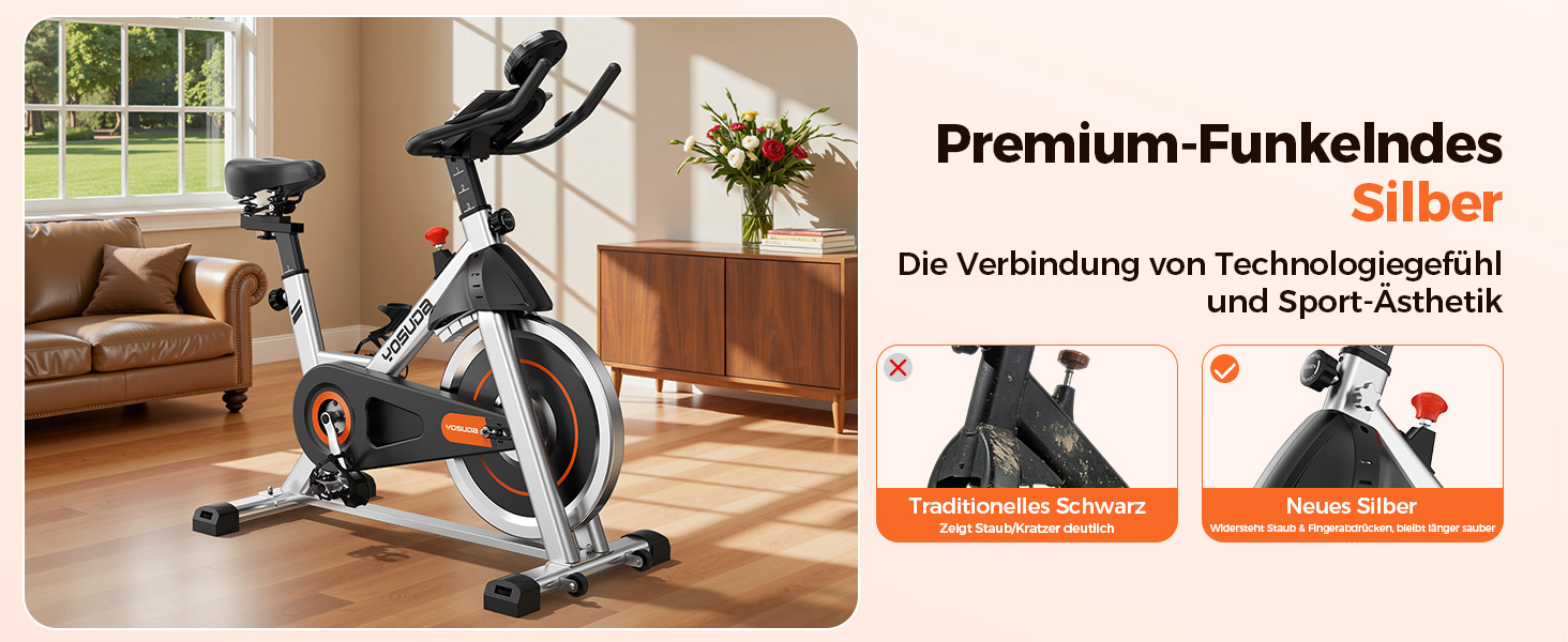 Der Text lautet „Premium-Funkeldes Silber“ und „Die Verbindung von Technologiegefühl und Sport-Aktivität“. Mehrere Bilder zeigen Trainingsgeräte in häuslicher Umgebung.