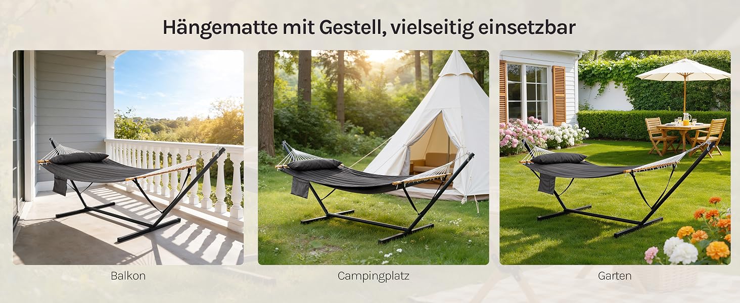 Der Text lautet „Hängematte mit Gestell, vielseitig einsetzbar“. Serie von Produktfotos, die eine Hängematte mit Ständer in verschiedenen Außen- und Terrassenbereichen zeigen.