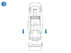 Technisches Diagramm mit Richtungspfeilen, die die Installations- oder Montageschritte für eine Halterung oder Halterkomponente angeben.