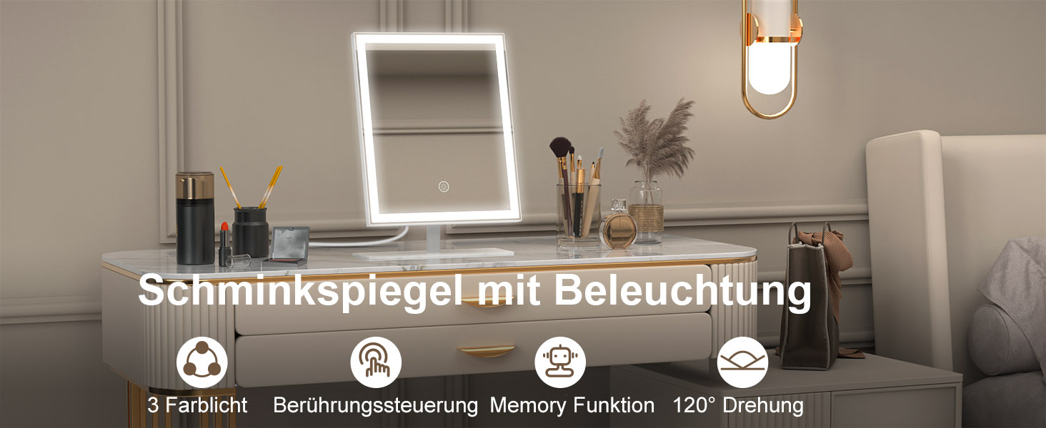 Beleuchteter Schminkspiegel mit LED-Beleuchtungsrahmen. Zu den Funktionen gehören 3 Leuchtmodi, Berührungssteuerung, Speicherfunktion und 120-Grad-Drehung