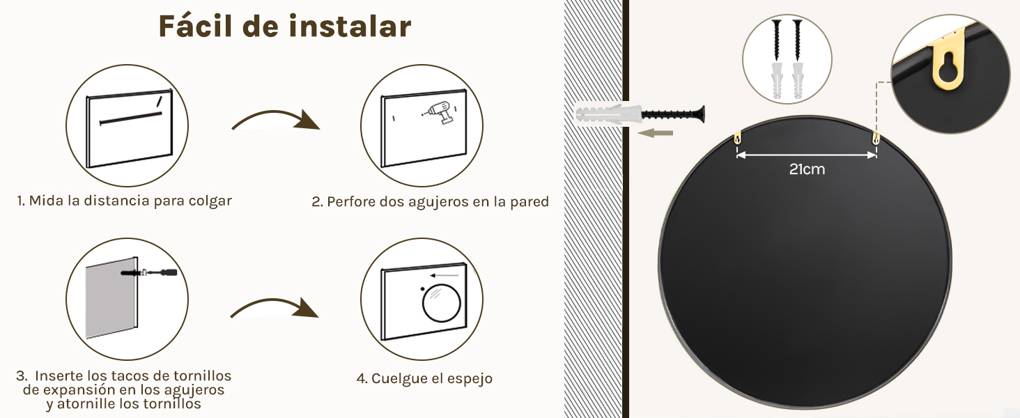 El texto dice «Fácil de instalar». Guía de instalación idéntica a la de la imagen 5, que muestra los pasos para montar un dispositivo negro circular en la pared.