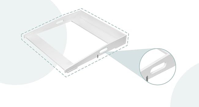 Illustrazione tecnica che mostra un dispositivo o pannello rettangolare bianco con un dettaglio angolare inserito evidenziato in una vista circolare ingrandita
