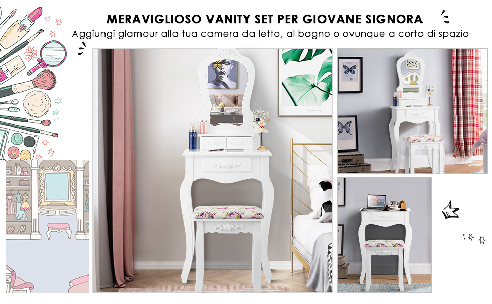 Toeletta Con Specchio COSTWAY Bianco - Tavolo Trucco 3 Cassetti Con Sgabello Imbottito - Foto 10