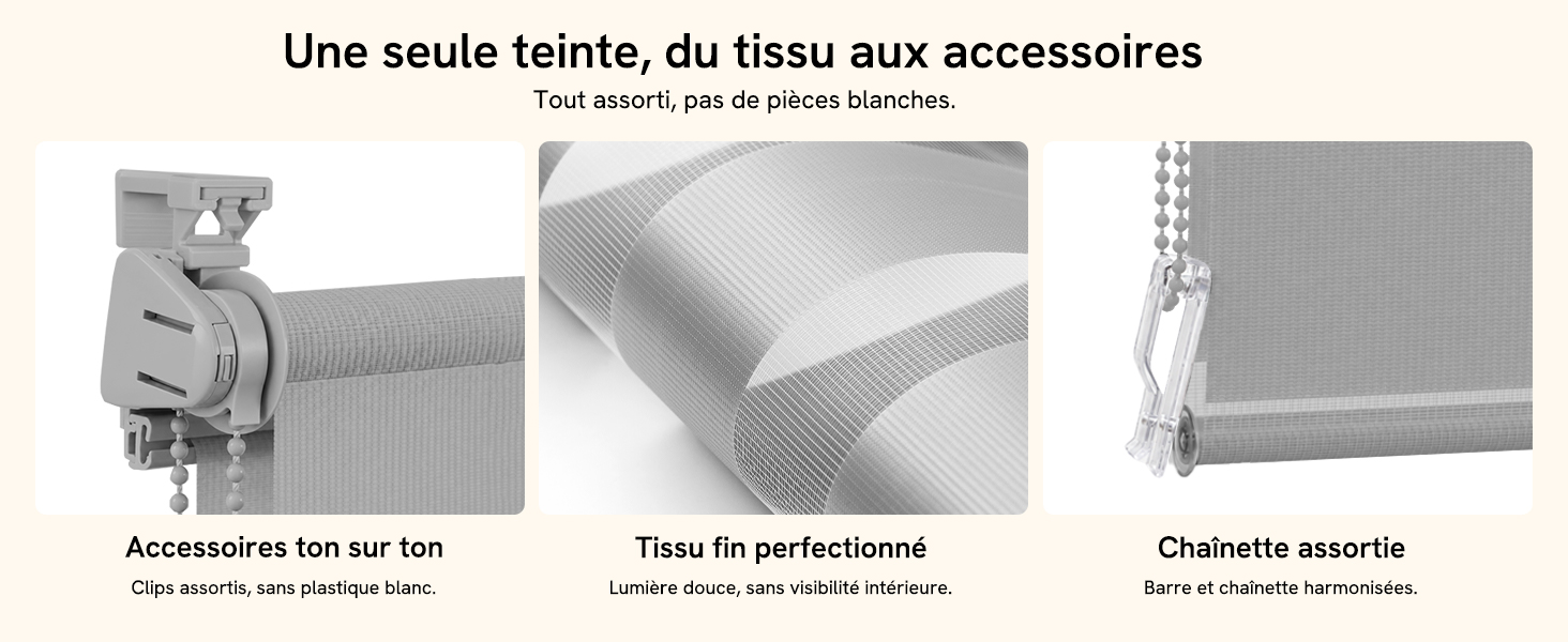 Le texte se lit comme suit : « Une seule teinte, du tissu aux accessoires » (Une seule teinte, du tissu aux accessoires). Trois images de produits montrant des articles textiles et accessoires coordonnés.