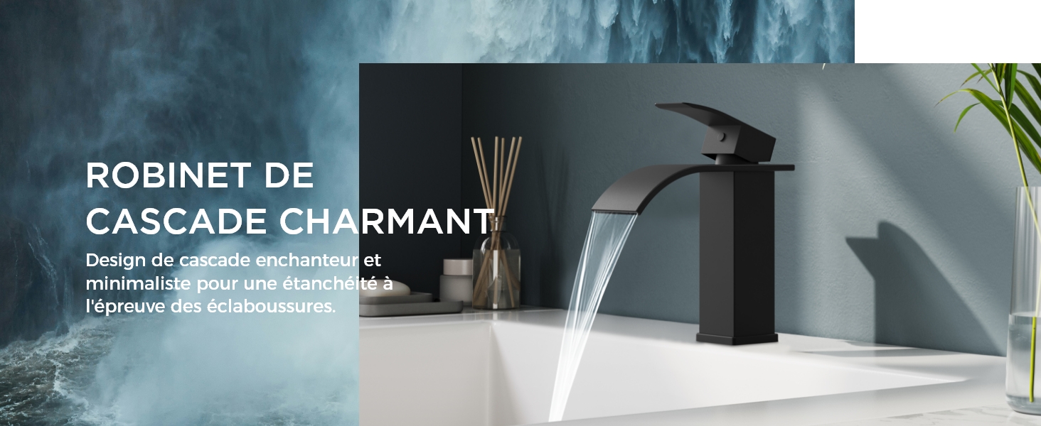 , monté sur un comptoir de salle de bain blanc, avec de l'eau qui coule selon un élégant motif en cascade. Diffuseur Reed visible en arrière-plan.