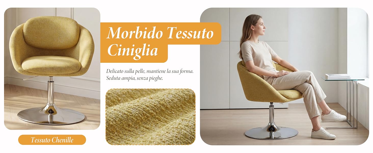 Il testo recita «Mordão Texido Iindola» con dettagli descrittivi sulla trama del tessuto e sulla composizione del materiale. Mostra una moderna poltrona imbottita verde oliva da più angolazioni che dimostra il design di seduta e schienale.
