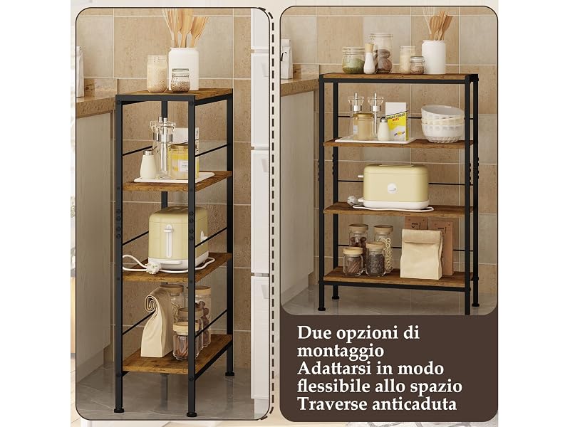 Due scaffali in metallo nero con ripiani in legno, che espongono vari prodotti per il bagno. Il testo indica opzioni di assemblaggio flessibili e barre trasversali anticaduta