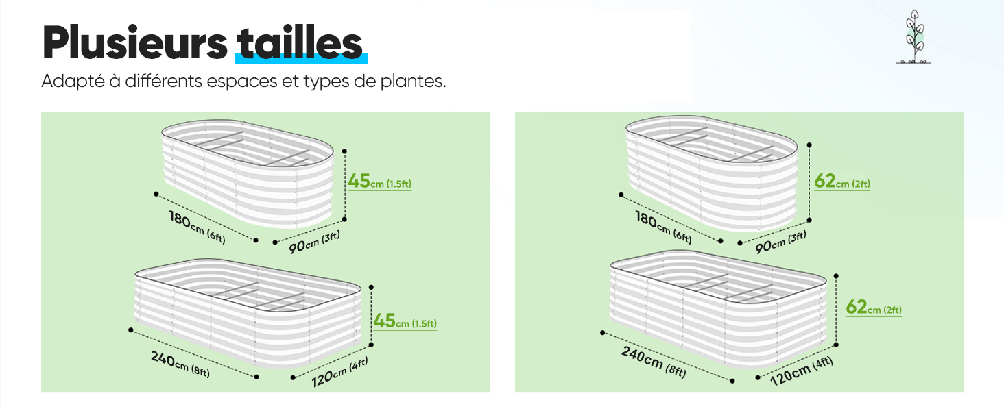 Le texte se lit comme suit : « Plusieurs tailles ». Plusieurs schémas techniques montrant les dimensions du matelas ou du lit sous différents angles avec des indicateurs de mesure et des spécifications.