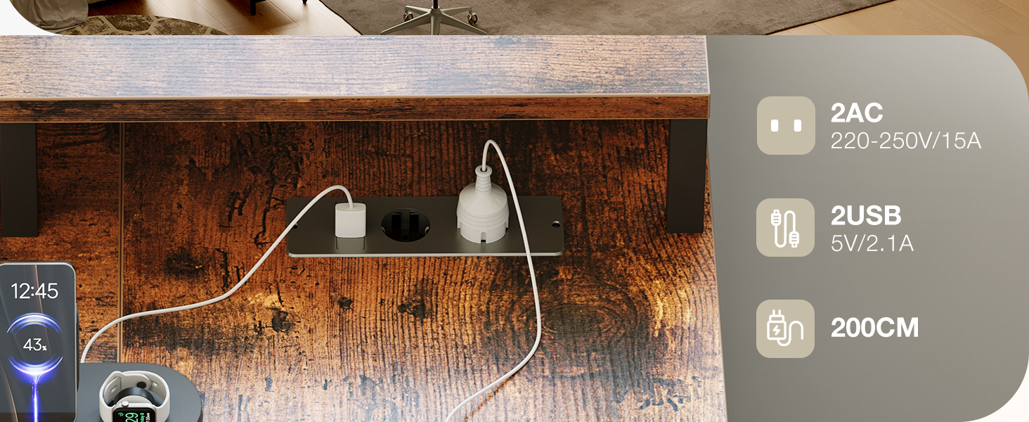 Le texte indique « 3AC », « 2USB », « 200CM ». Interface multiprise ou rallonge montrant plusieurs configurations de prises et de ports USB montées sur une surface en bois.