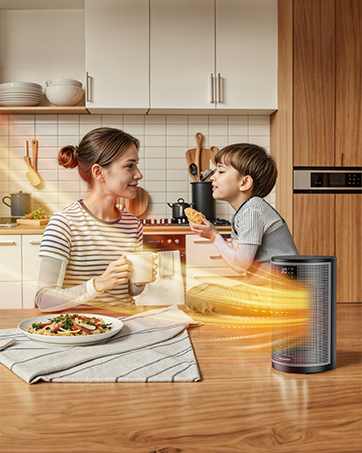 Cylindrical space heater on kitchen counter, emitting orange glow. Modern design with perforated exterior for heat distribution.