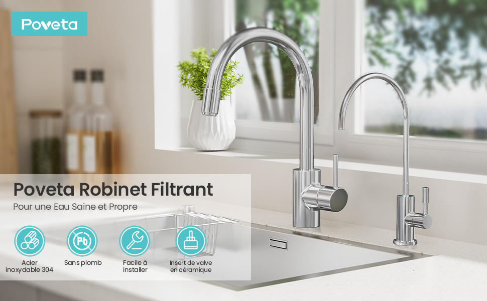 Texte : « Poveta » et « Poveta Robinet Filtrant » montrant des images de produits de robinetterie de cuisine avec des icônes du système de filtre et de l'interface de commande.