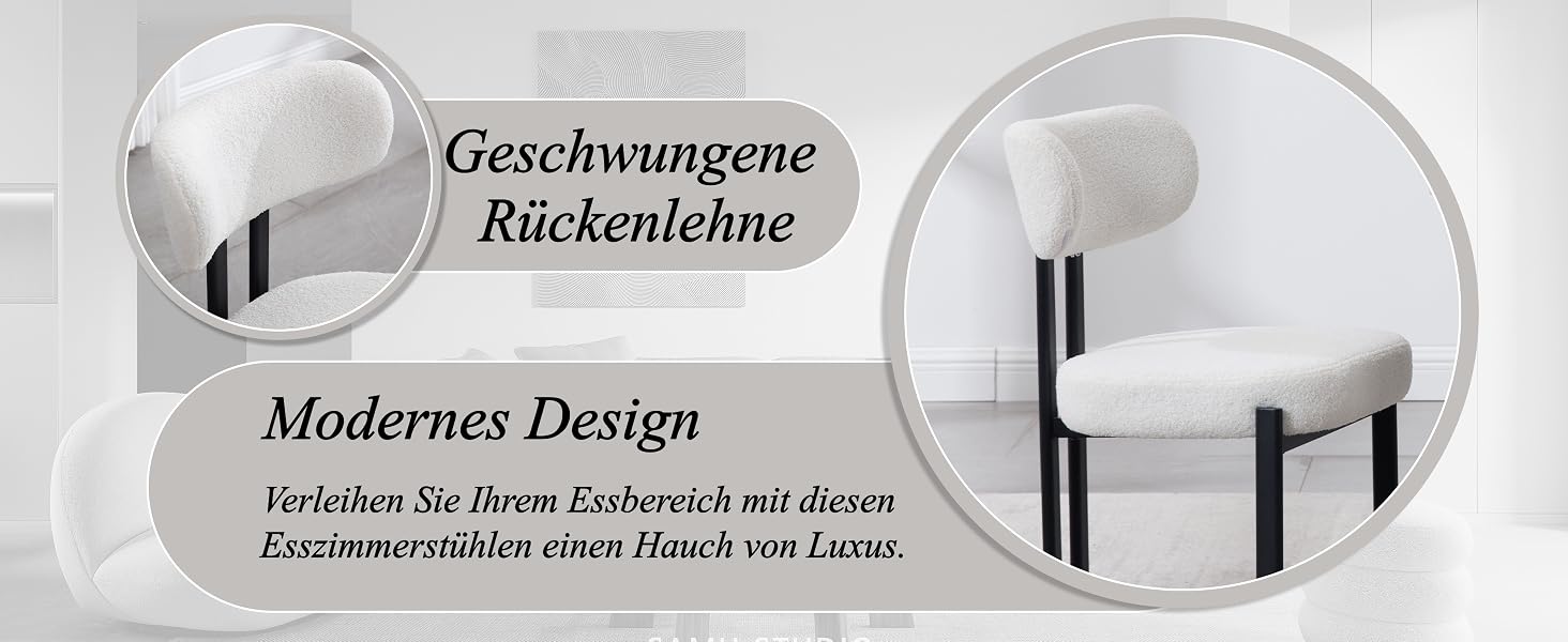 Der Text lautet „Geschwungene“, „Rückenlehne“, „Modernes Design“. Produktpräsentation mit geschwungenen Designelementen eines Möbelstücks.