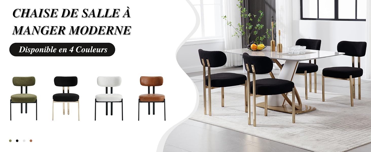 Le texte indique « CHAISE DE SALLE A MANGER MODERNE ». Collection de chaises de salle à manger modernes présentant différents styles en noir et blanc, disposées selon une mise en page promotionnelle.