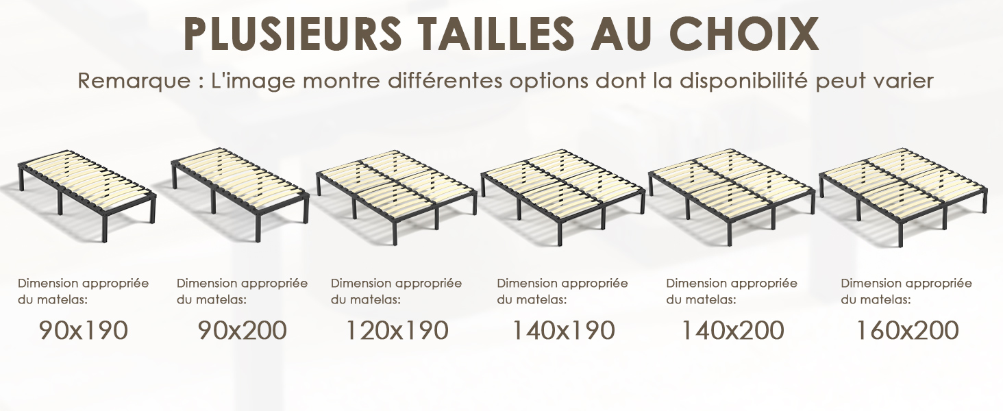 Le texte se lit comme suit : « PLUSIEURS TAILLES AU CHOIX » et « Remarque : L'image montre différentes options dont la disponibilité peut varier ». Six options de dimensions de cadre de lit sont présentées avec les dimensions suivantes : 90x190, 90x200, 120x190, 140x190, 140x200, 160x200.
