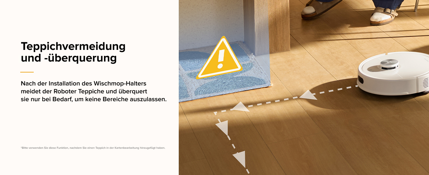 Roboter-Staubsauger, der um ein gelbes Warndreieck herum navigiert, das auf einen Holzboden projiziert wird. Text in Deutsch auf der linken Seite des Bildes sichtbar