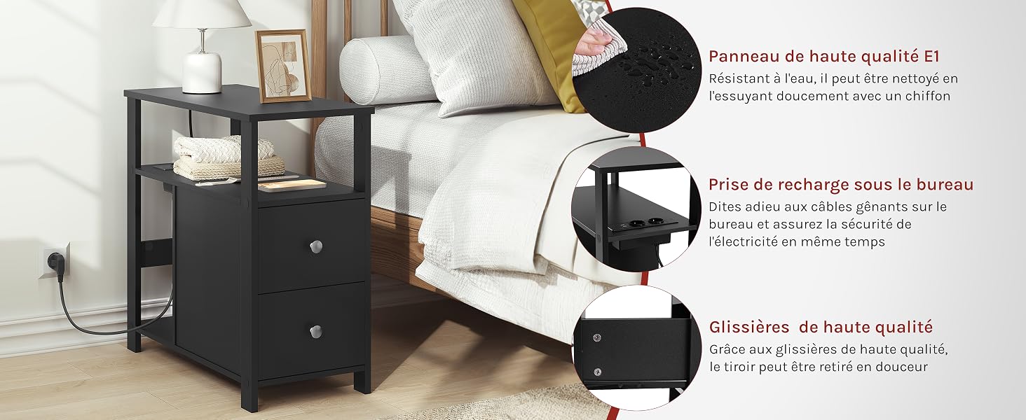 une table de chevet noire avec un cadre de lit blanc et un lit blanc avec un oreiller blanc