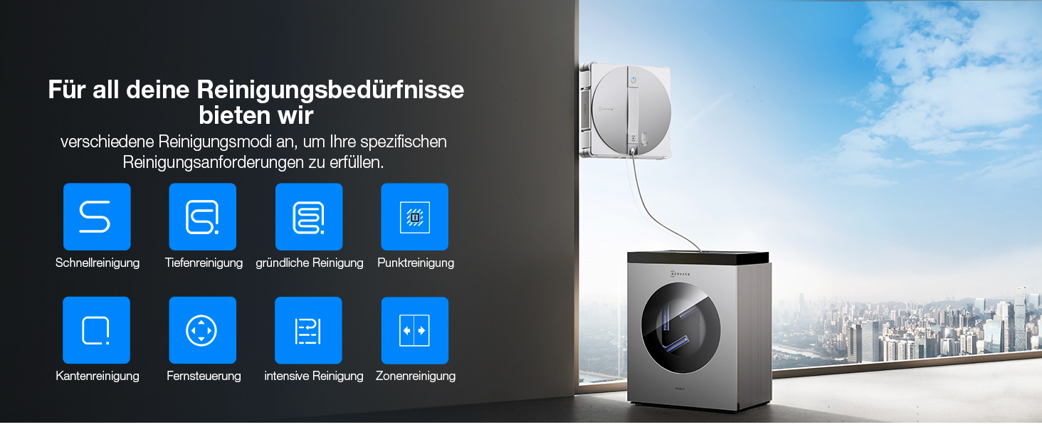 Der Text lautet „Für all deine Reinigungsbedürfnisse“. Blau getönte Produktpräsentation mit mehreren Symbolen, die Reinigungs- oder Wartungsfunktionen anzeigen.