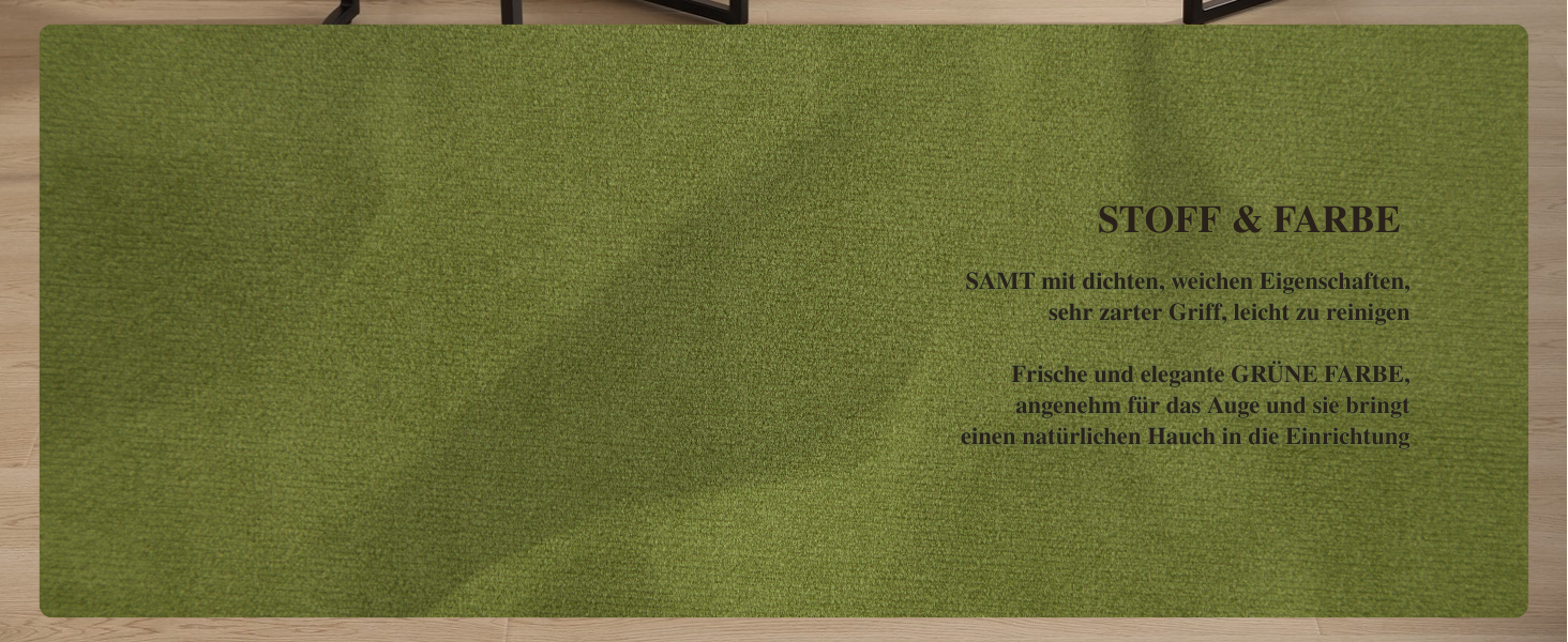 Der Text lautet „STOFF & FADEN“. Nahaufnahmen von olivgrünem Stoff oder Textilmaterial mit Textur- und Webmusterdetails.