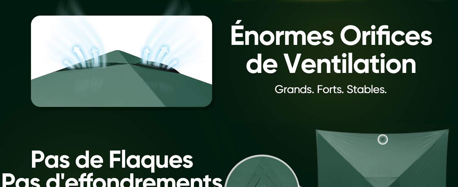 Le texte se lit comme suit : « Enormes Offices de ventilation » et « Grands, Forts, Stables ». Fond vert foncé avec superposition de texte blanc.
