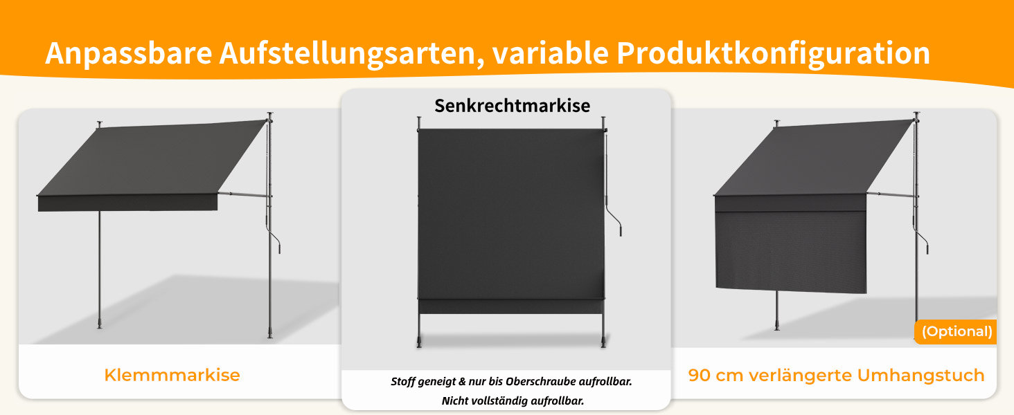 Der Text lautet „Auslassbare Aufstellungsarten, variable Produktkonfiguration“ und „konfektionierbar“. Drei modulare Konfigurationen mit schwarzen Hockern und Aufbewahrungswürfeln, dargestellt mit unterschiedlichen Höhen- und Größenvariationen.