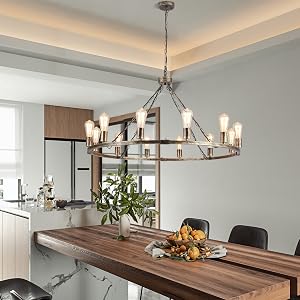 Modern rectangular chandelier with multiple glass light fixtures, suspended over a wooden dining table in a contemporary kitchen setting.