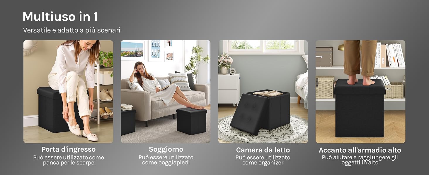 Prodotto di arredamento pieghevole multiuso presentato in quattro diverse configurazioni, che mostra versatilità dalla seduta alle