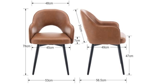 Brown leather dining chair with curved backrest and armrests. Black metal legs. Dimensions shown: 48cm wide, 53cm deep, 75cm total height, 47cm seat height.