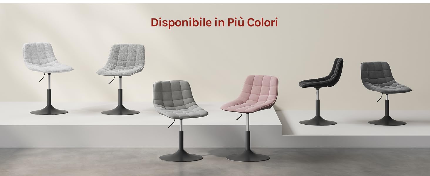 Il testo recita «Disponibile in Più Colori». Sedie da pranzo moderne in vari colori tra cui grigio, rosa e bianco, disposte con basi a piedistallo nere su sfondo chiaro.
