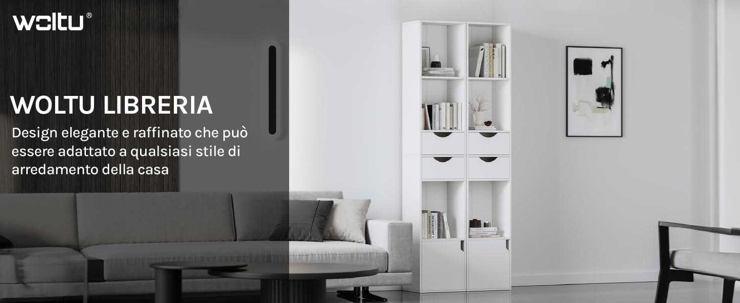Libreria bianca moderna in un ambiente minimalista.