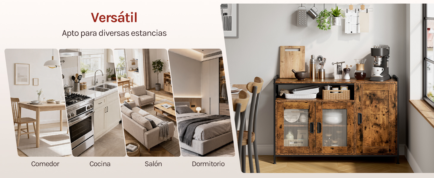 El texto dice «Versátil» y «Fácil para disimular estructuras». Imagen dividida que muestra muebles de madera y gabinetes de almacenamiento en el interior de una casa.