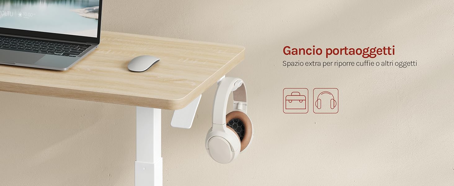 Il testo recita «Gancio portaggetti!» Area di lavoro sulla scrivania con scrivania bianca con computer portatile, piccolo gancio adesivo circolare montato sulla superficie e mouse wireless nelle vicinanze.