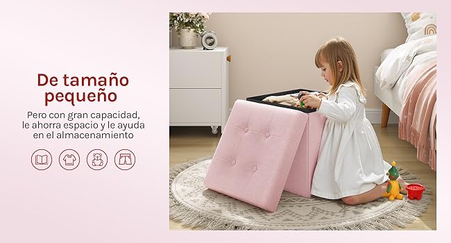 rosa con un niño abriéndola. El texto indica que es pequeña pero espaciosa. Alfombra redonda y juguetes visibles.
