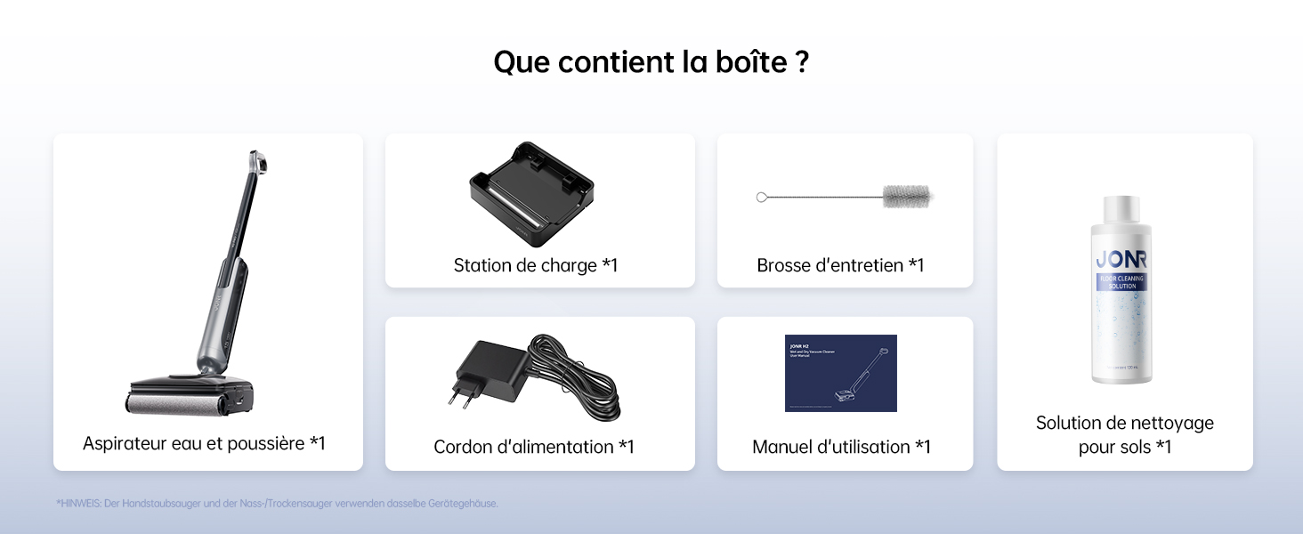 Der Text lautet „Que contient la boîte?“ Das Diagramm des Produktpakets zeigt Staubsauger, Ladezubehör, Bedienungsanleitung und Reinigungslösung.